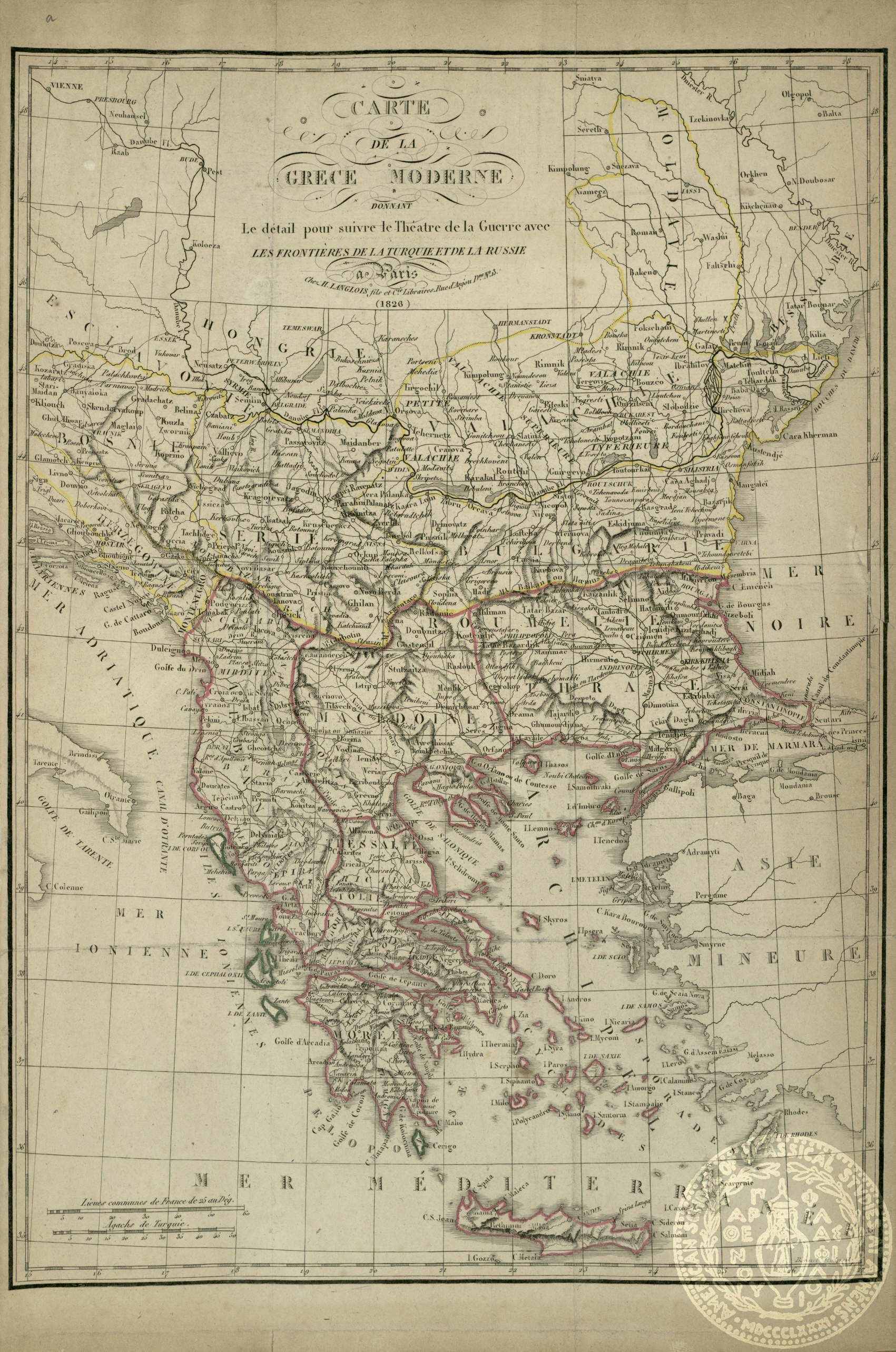 Carte de la Grèce Moderne donnant le detail pour suivre le Theatre de la Guerre avec les frontières de la Turquie et de la Russie.